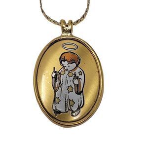 Vintage Signed First Christmas Angel Pendant Berta Hummel Gold Tone Necklace